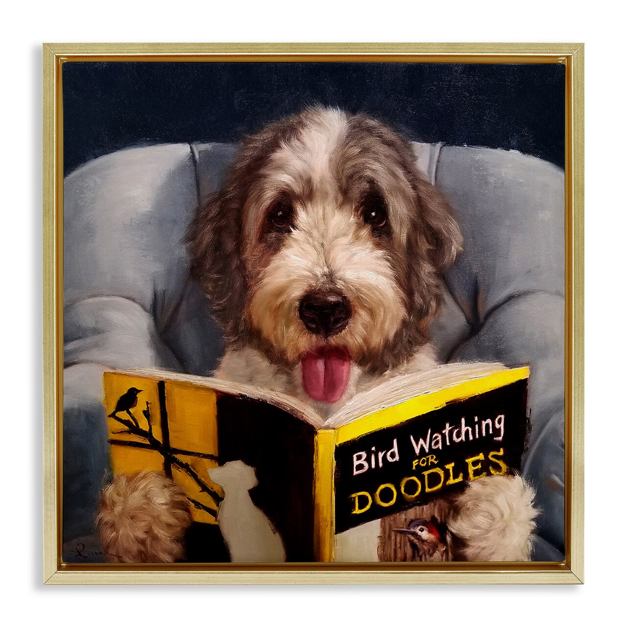Stupell Industries Dog with Bird Watching Book Framed Floater Canvas Wall Art